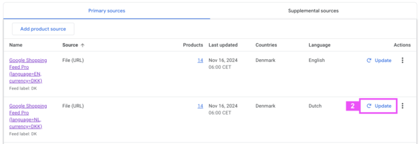 Find the feed you are looking for look at `countries` and `language` columns. Then click on [2] `Update`.