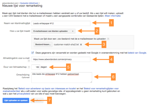 Vul alle gegevens voor Customer Match lijst aan