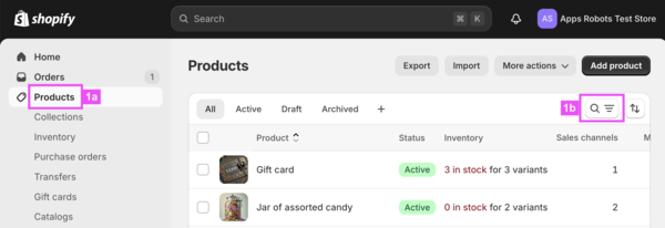 [1a] Go to `Products` and [1b] click on `Filter`-button on the right.